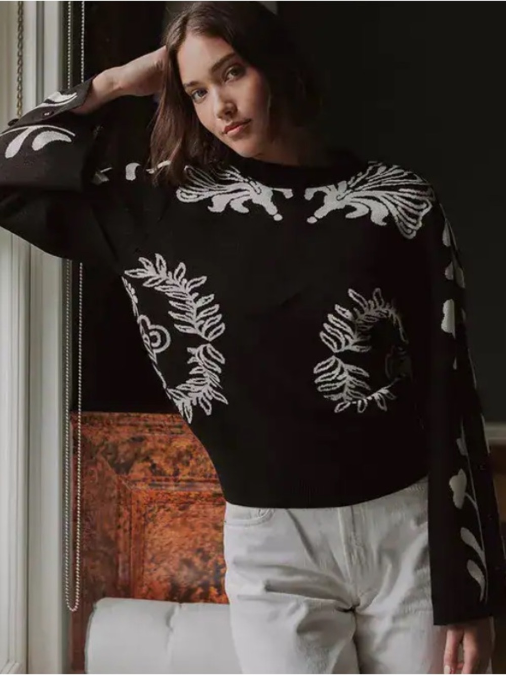Figue angie black and white pattern button arm bell sleeve sweater size small